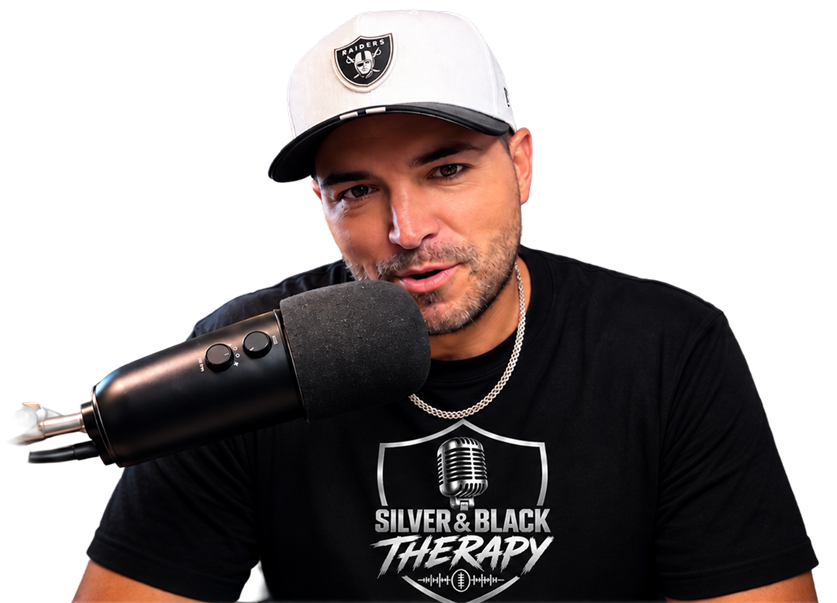 A-Rod, host of Silver & Black Therapy Las Vegas Raiders podcast, at the broadcast mic