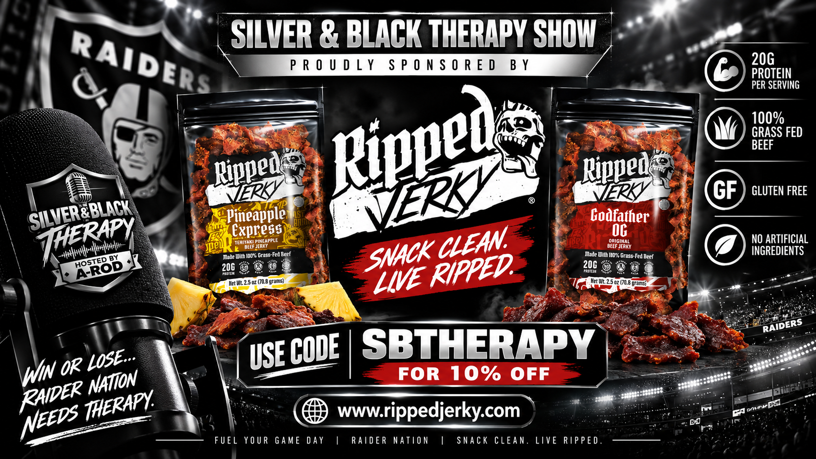 Ripped Jerky sponsorship banner for the Silver & Black Therapy Show. Use code SBTHERAPY for 10% off at rippedjerky.com.